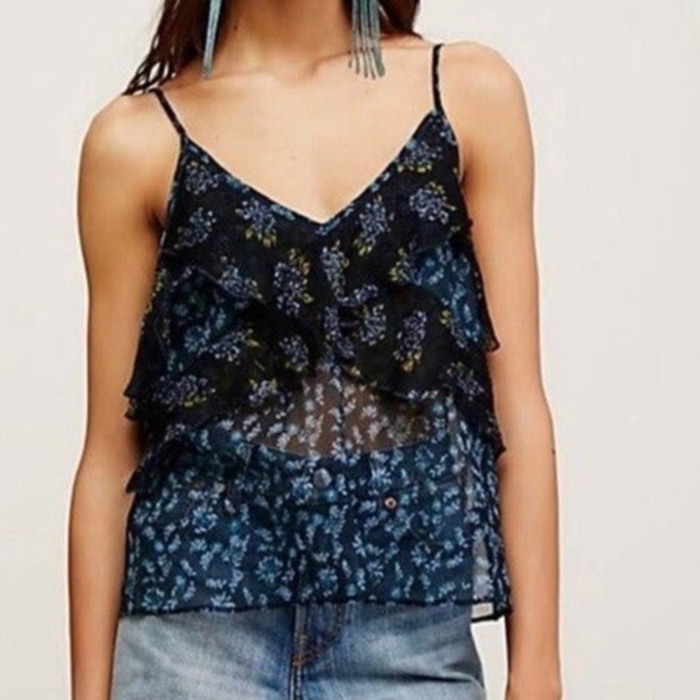 Free People Blue Sheer Layered Tank Sz L